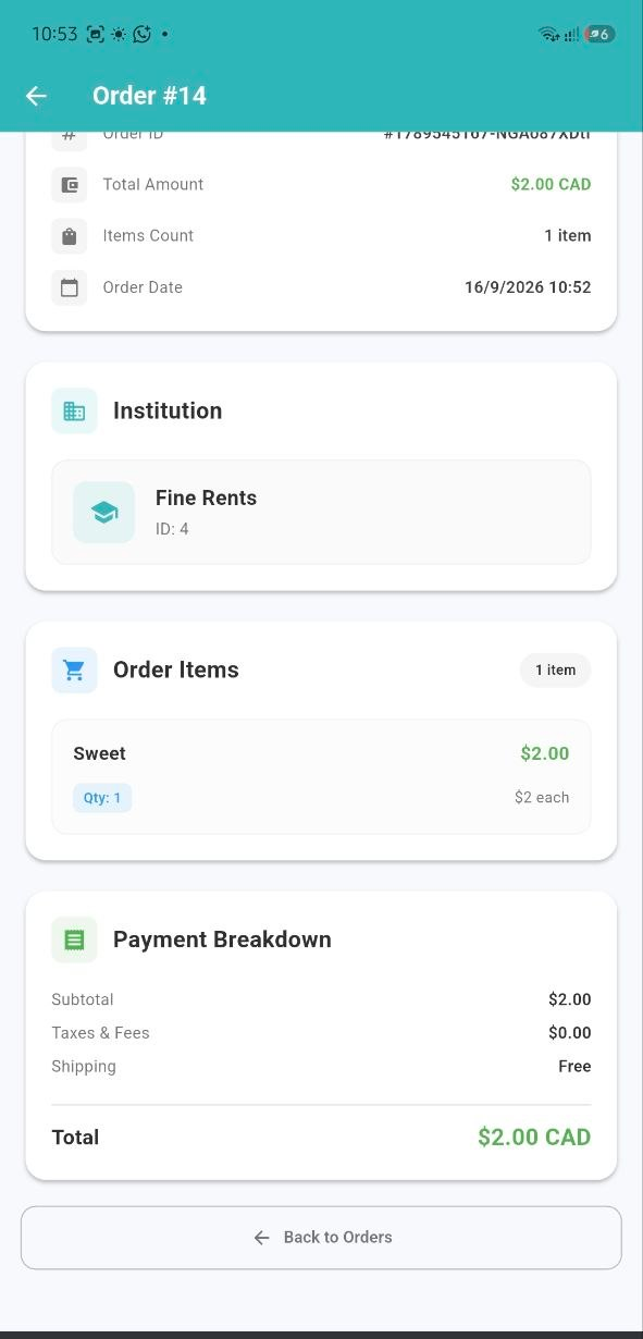 An order detail screen in the app, showing an order awaiting payment with the amount, the institution and a button to pay from the wallet balance.