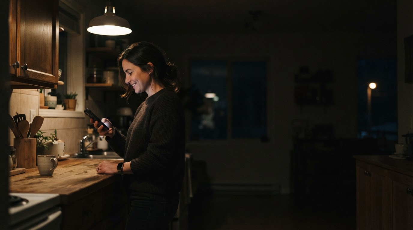 A woman standing at her kitchen counter at night, smiling at her phone.